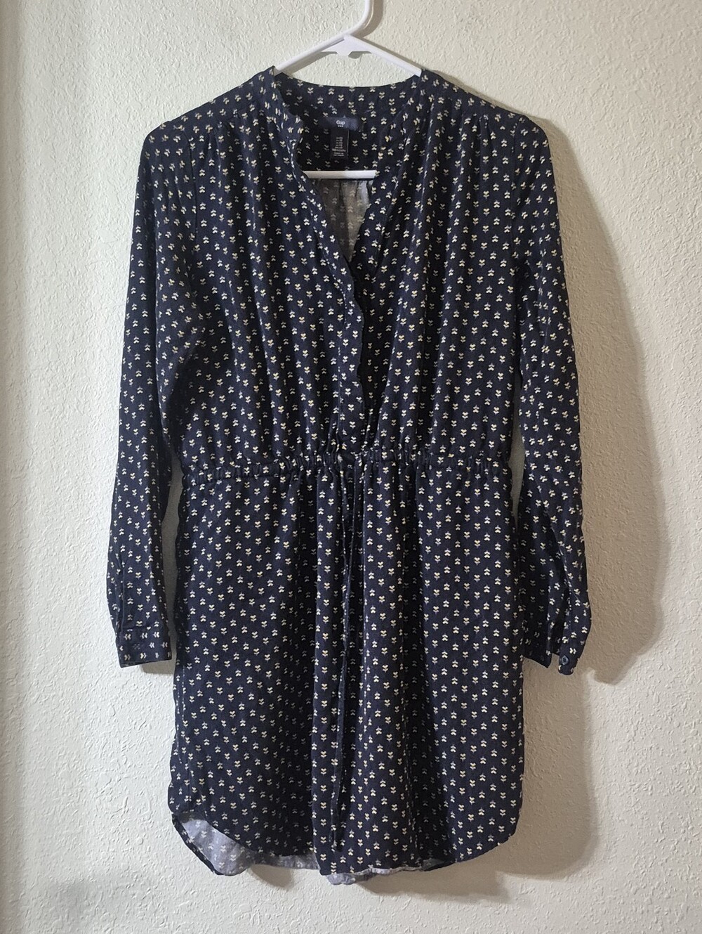 GAP Navy Long‑Sleeve Floral Drawstring Shirt Dress